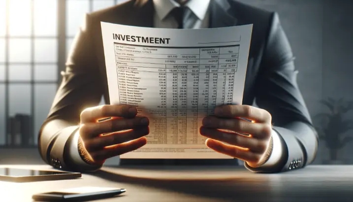 A person in a suit is examining an investment document, reflecting on the details of financial data and stock performance.