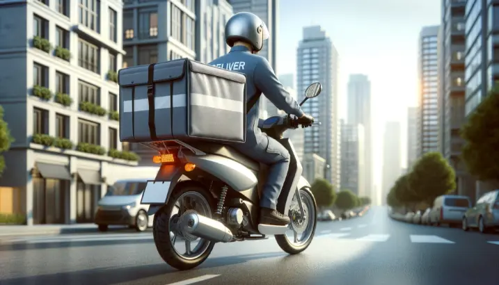 A delivery person on a scooter with a delivery box on the back is riding down a city street, with modern buildings on either side and the sun low in the sky.