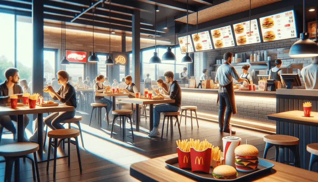 A set of customers are enjoying their meals at a modern fast-food restaurant with large, vibrant displays of the menu overhead and prominent branding of McDonald's and Coca-Cola.