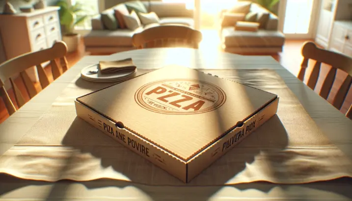 A closed pizza box on a sunlit dining table, suggesting a cozy home meal setting.